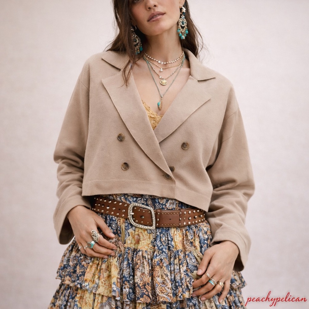 We the Free Free People Sadie Crop Sweater Knit Blazer Taupe Brown Tree House XL